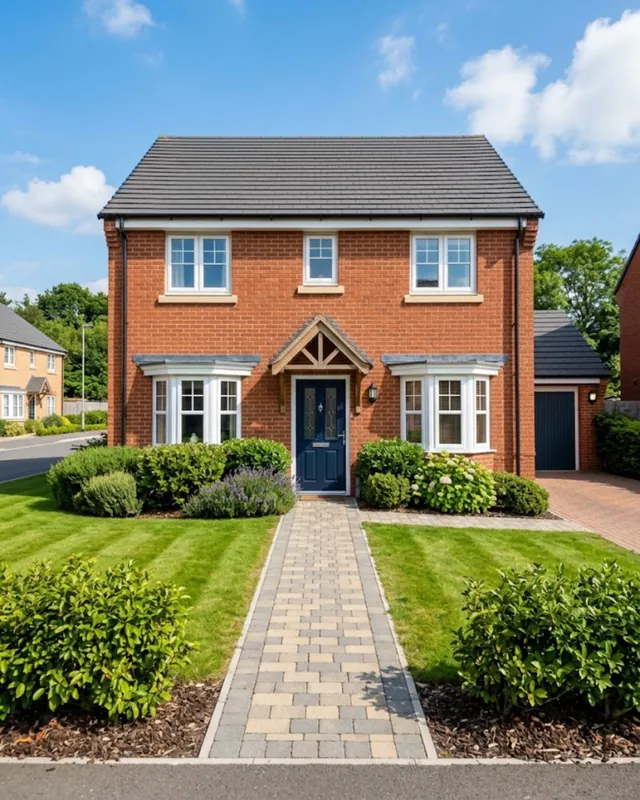 Red-brick detached house with a navy front door, lawn and block-paved path under a blue sky