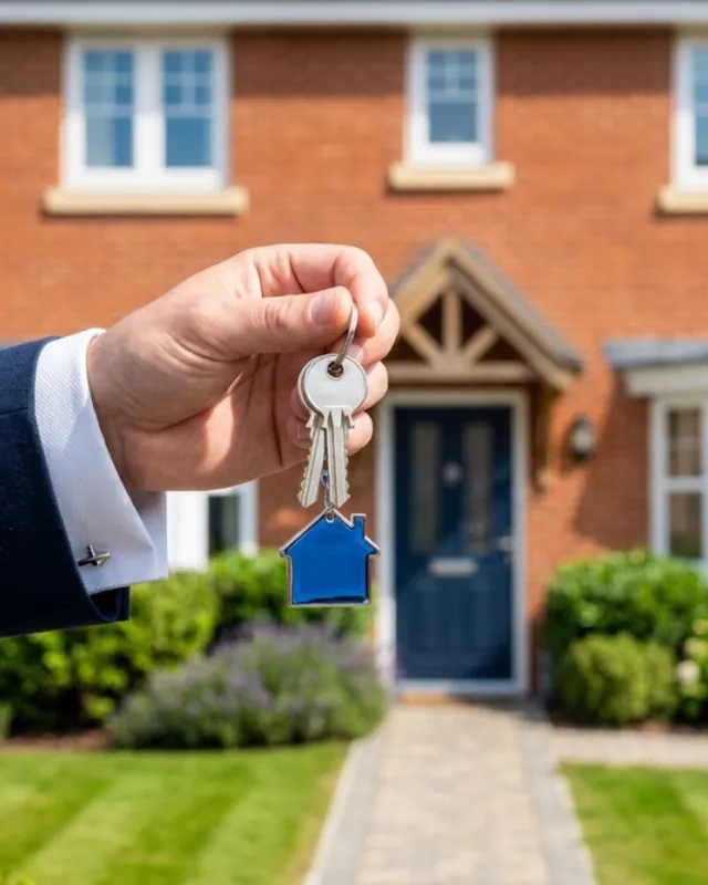 Hand holding out house keys on a blue house keyring in front of a red-brick home