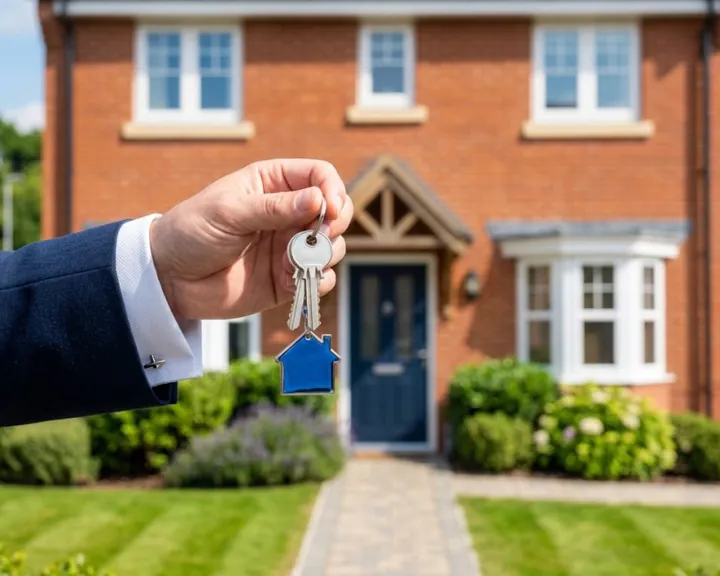 Hand holding out house keys on a blue house keyring in front of a red-brick home