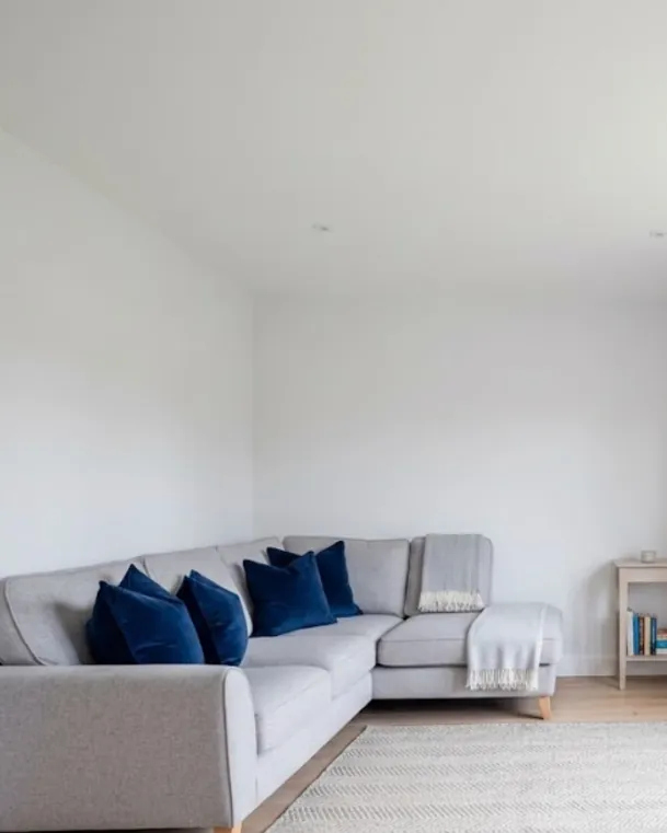 Bright living room with a grey corner sofa, navy cushions and a large window