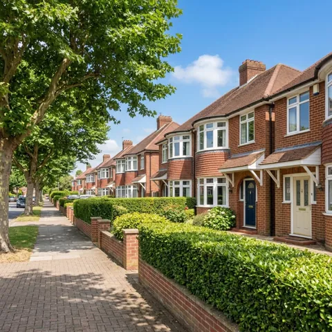 Tree-lined street of brick semi-detached houses behind trimmed hedges