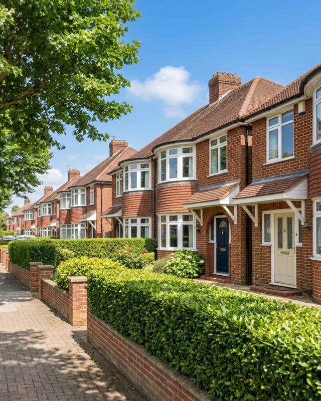 Tree-lined street of brick semi-detached houses behind trimmed hedges